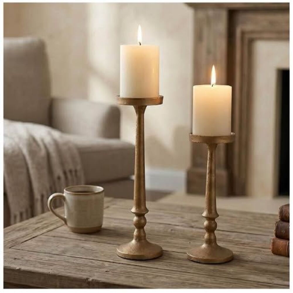 Set of 2 Vintage Iron Pillar Candle Holders Antique Brass Gold 12"& 10" Tall Ca